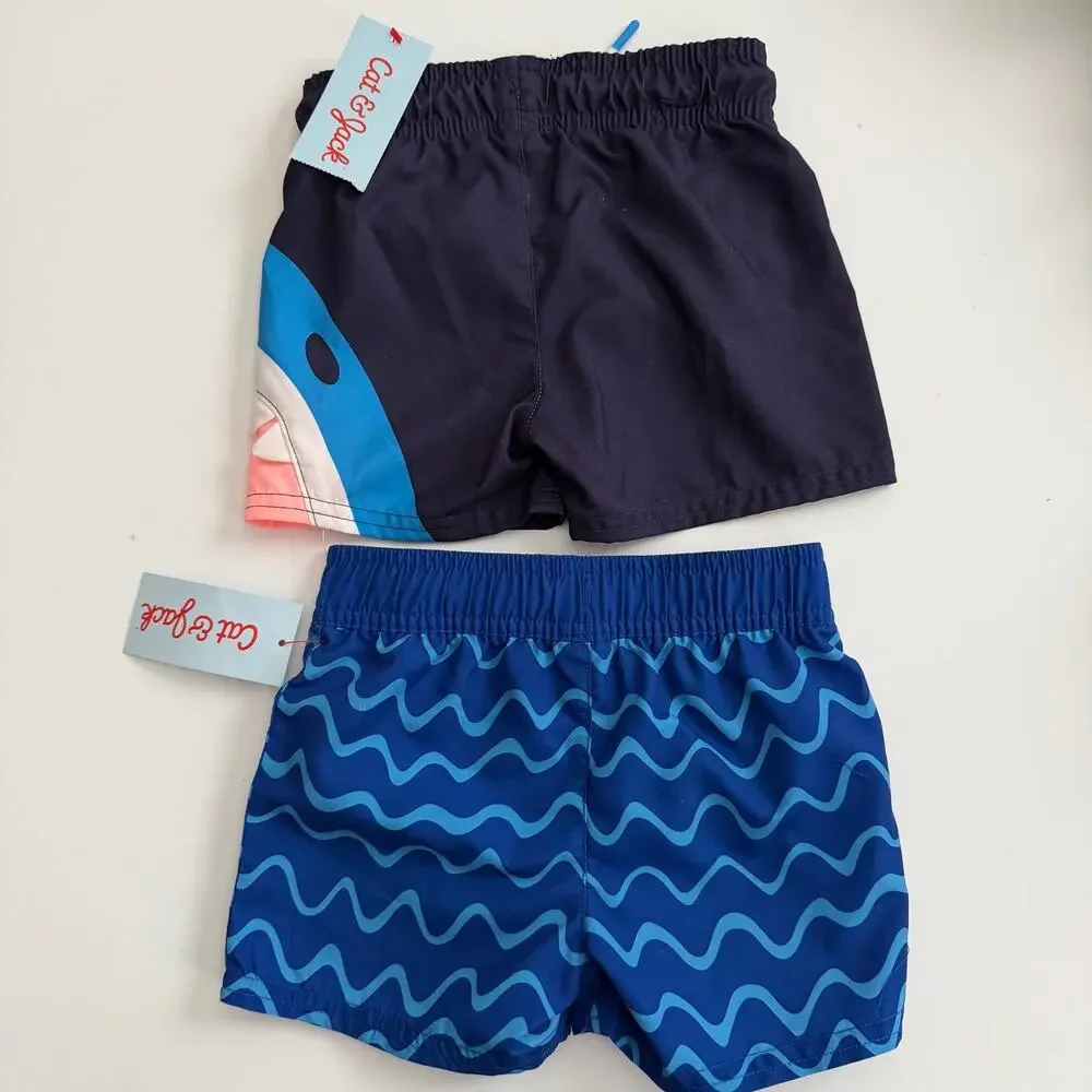 2x Cat & Jack swim trunks board shorts with liner blue wave shark print